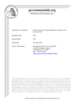 FOIA Log for the Central Intelligence Agency (CIA), Oct-Dec 2007