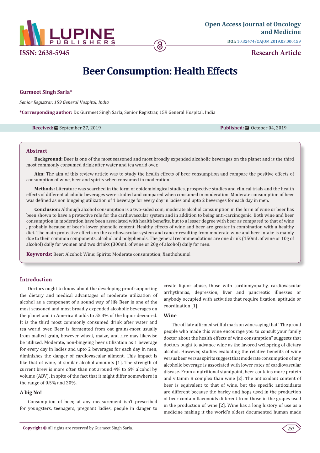 Beer Consumption: Health Effects