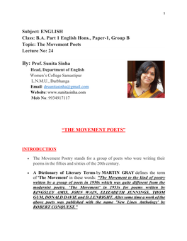 The Movement Poets Lecture No: 24 By: Prof. Sunita S