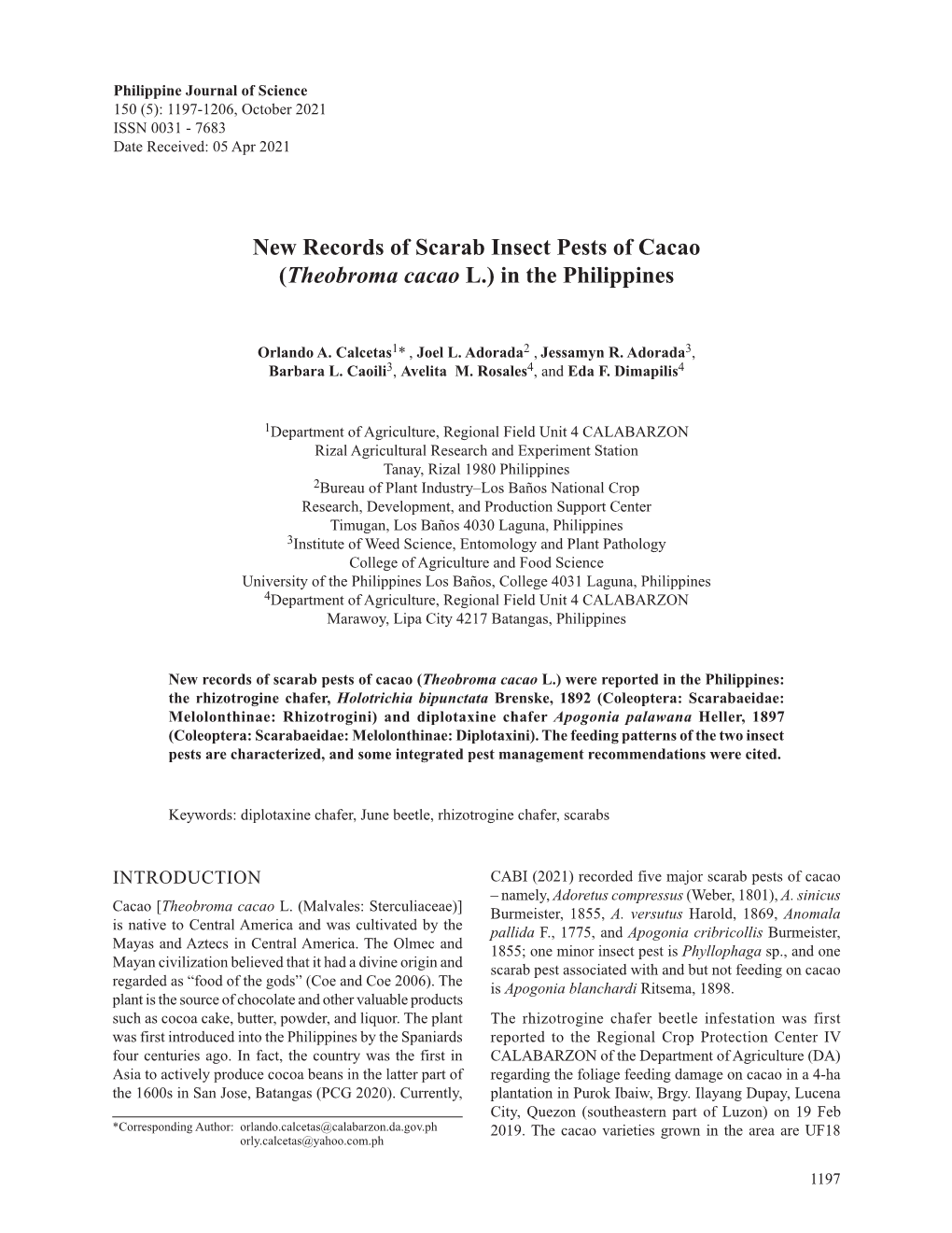 New Records of Scarab Insect Pests of Cacao (Theobroma Cacao L.) in the Philippines