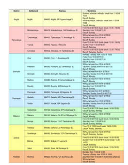 District Settlement Address Work Time Nogliki Nogliki 694450, Nogliki. 5A