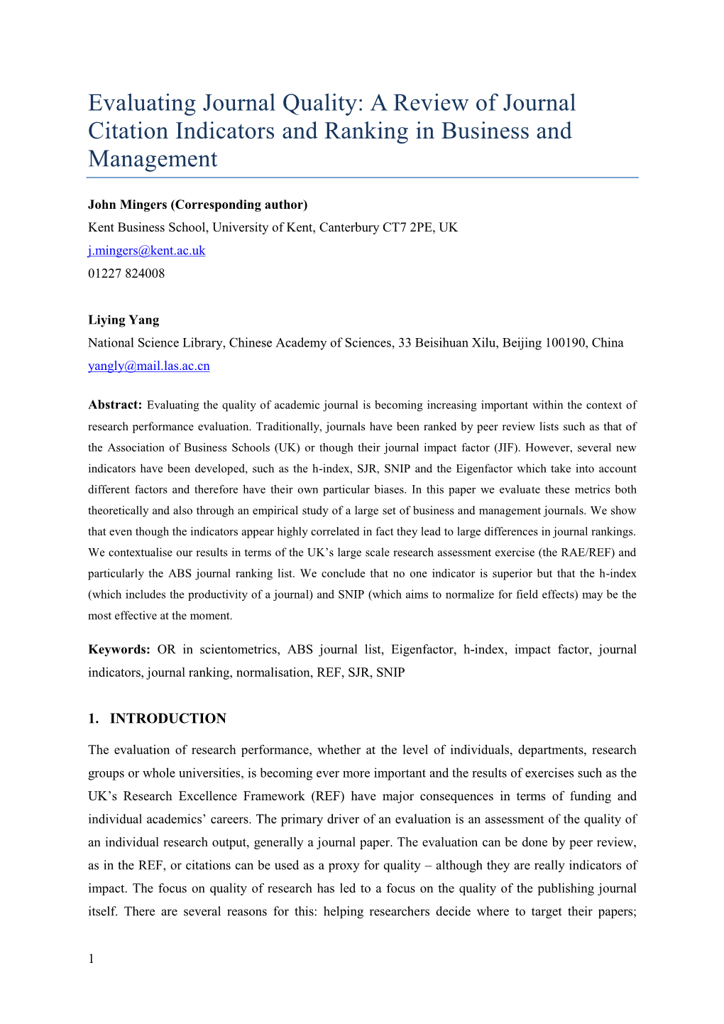 A Review of Journal Citation Indicators and Ranking in Business and Management