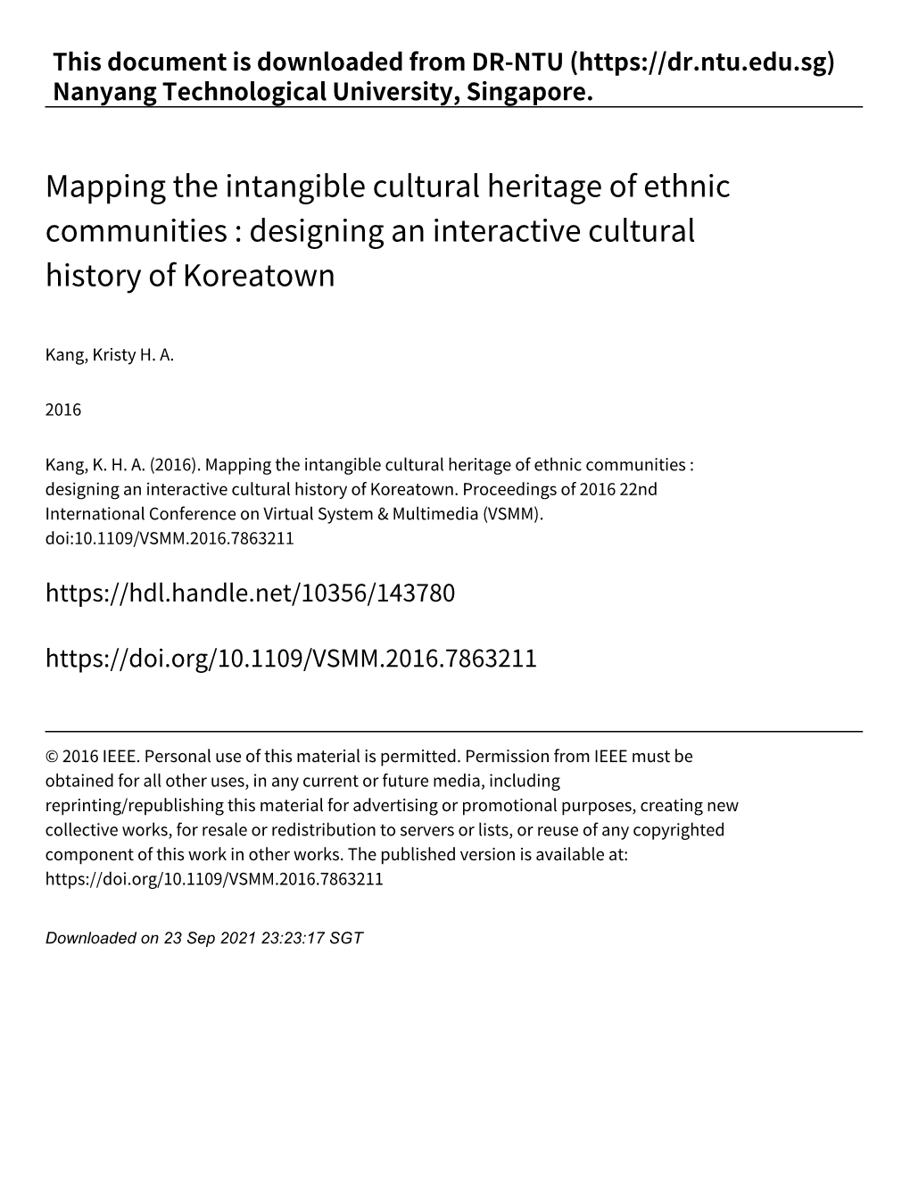 Mapping the Intangible Cultural Heritage of Ethnic Communities : Designing an Interactive Cultural History of Koreatown