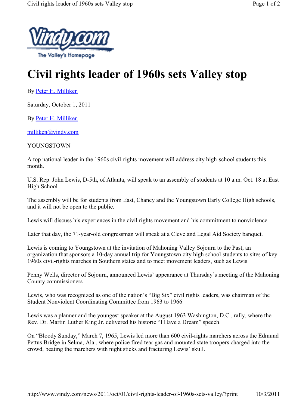 Civil Rights Leader of 1960S Sets Valley Stop Page 1 of 2