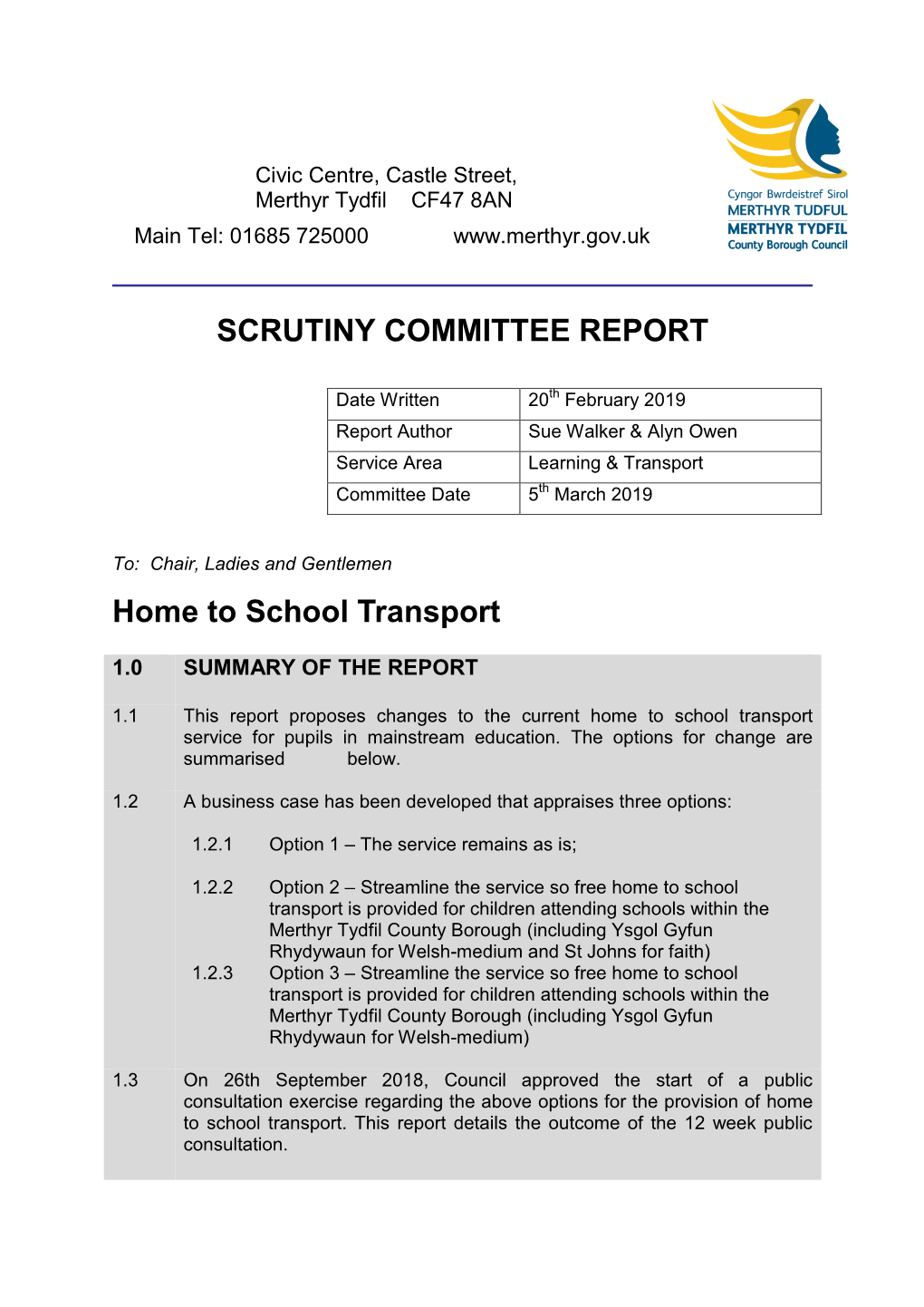 SCRUTINY COMMITTEE REPORT Home to School Transport