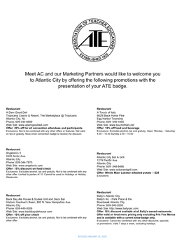Meet AC and Our Marketing Partners Would Like to Welcome You to Atlantic City by Offering the Following Promotions with the Presentation of Your ATE Badge