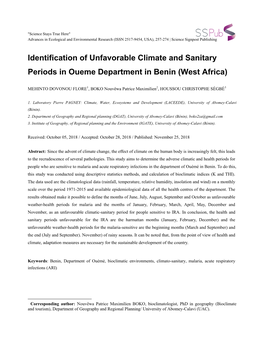 Identification of Unfavorable Climate and Sanitary Periods in Oueme Department in Benin (West Africa) 
