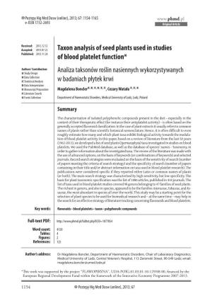 Taxon Analysis of Seed Plants Used in Studies of Blood Platelet Function* Analiza Taksonów Roślin Nasiennych Wykorzystywanych