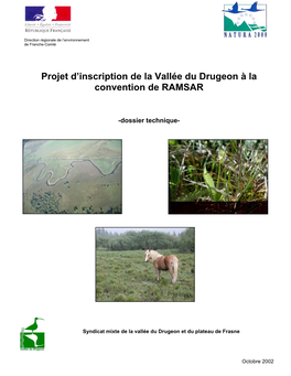 Projet D'inscription De La Vallée Du Drugeon À La Convention De RAMSAR