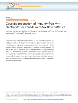Catalytic Production of Impurity-Free V3.5+ Electrolyte for Vanadium Redox ﬂow Batteries