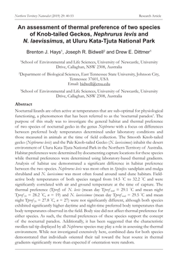 An Assessment of Thermal Preference of Two Species of Knob-Tailed Geckos, Nephrurus Levis and N. Laevissimus, at Uluru Kata-Tjuta National Park