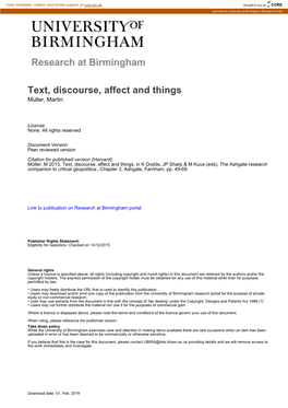 Text, Discourse, Affect and Things Muller, Martin