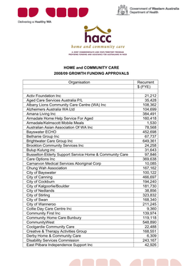 HACC 2008/09 Growth Funding Approvals