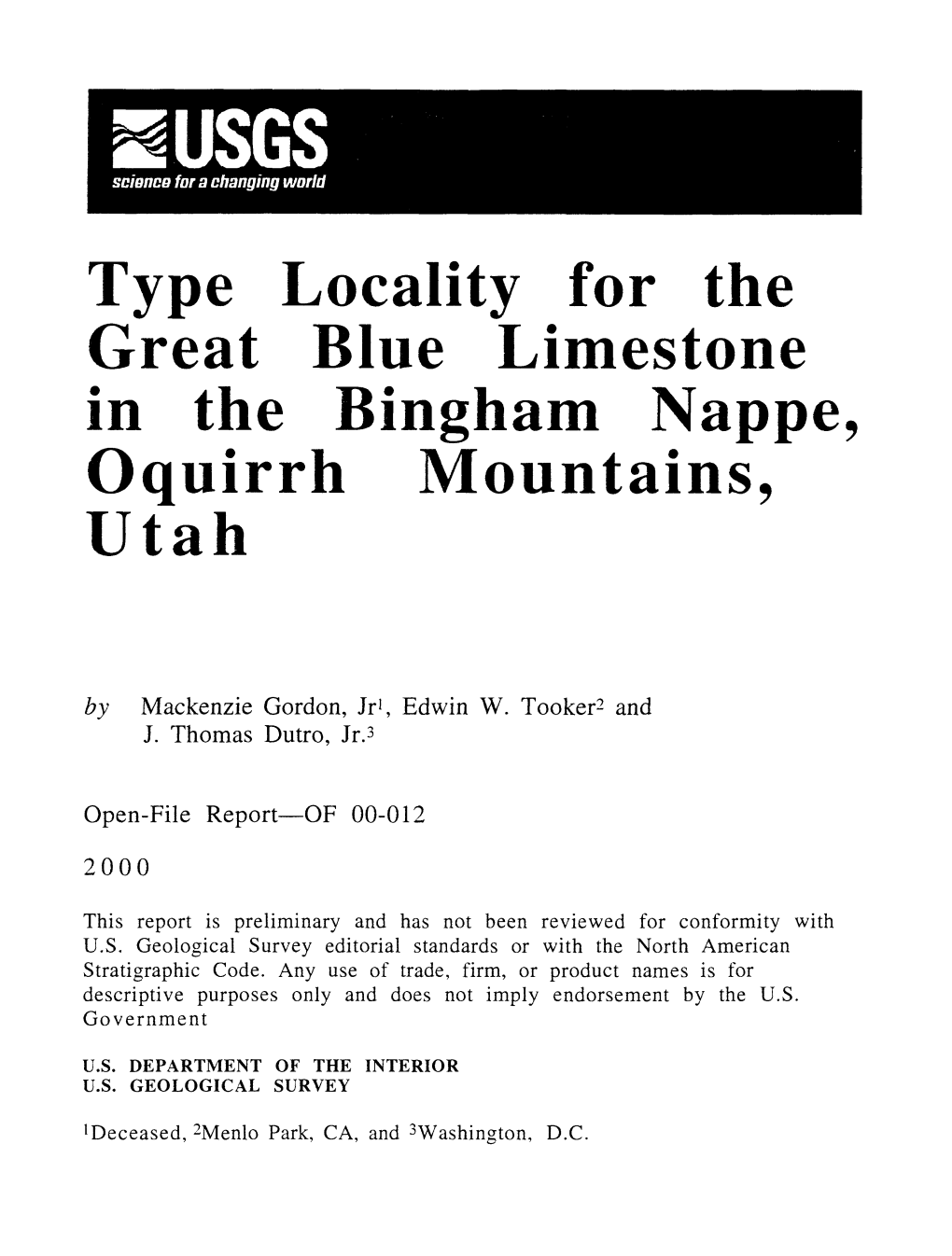 Type Locality for the Great Blue Limestone in the Bingham Nappe, Oquirrh Mountains, Utah