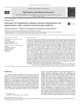 Cultivation of Harpacticoid Copepods (Families Harpacticidae and Laophontidae) Under Selected Environmental Conditions Agricultu