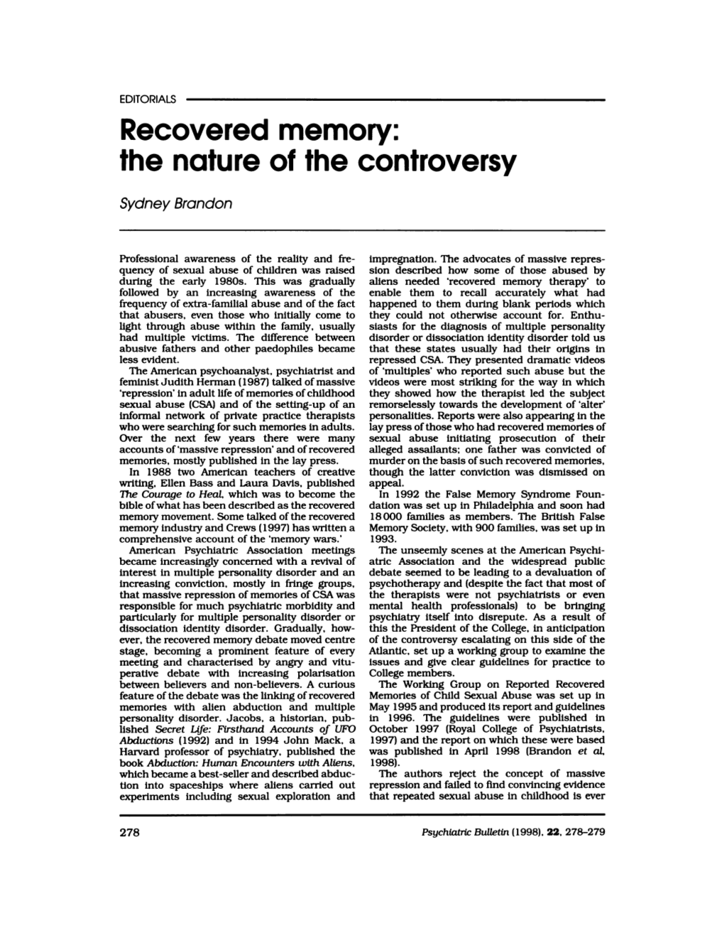 Recovered Memory: the Nature of the Controversy