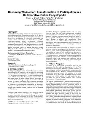 Transformation of Participation in a Collaborative Online Encyclopedia Susan L