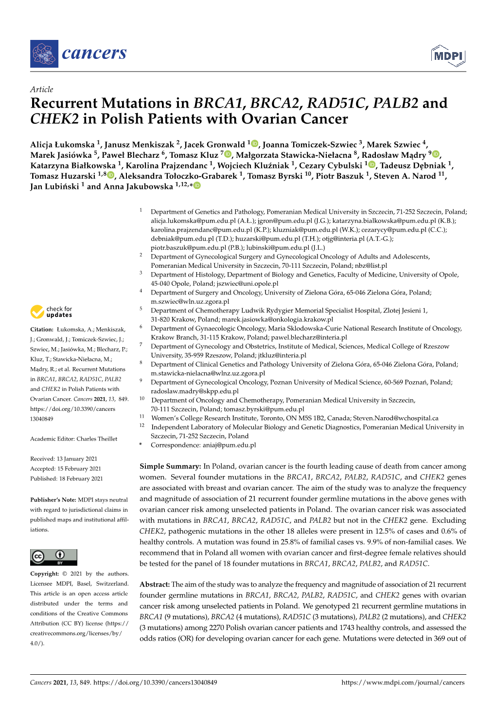 Recurrent Mutations in BRCA1, BRCA2, RAD51C, PALB2 and CHEK2 in Polish Patients with Ovarian Cancer