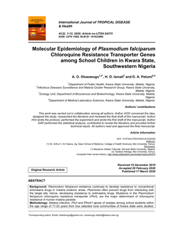 Molecular Epidemiology of Plasmodium Falciparum Chloroquine Resistance Transporter Genes Among School Children in Kwara State, Southwestern Nigeria