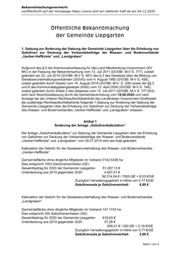1. Änderung Gebührensatzung Liepgarten Verbandsbeiträge