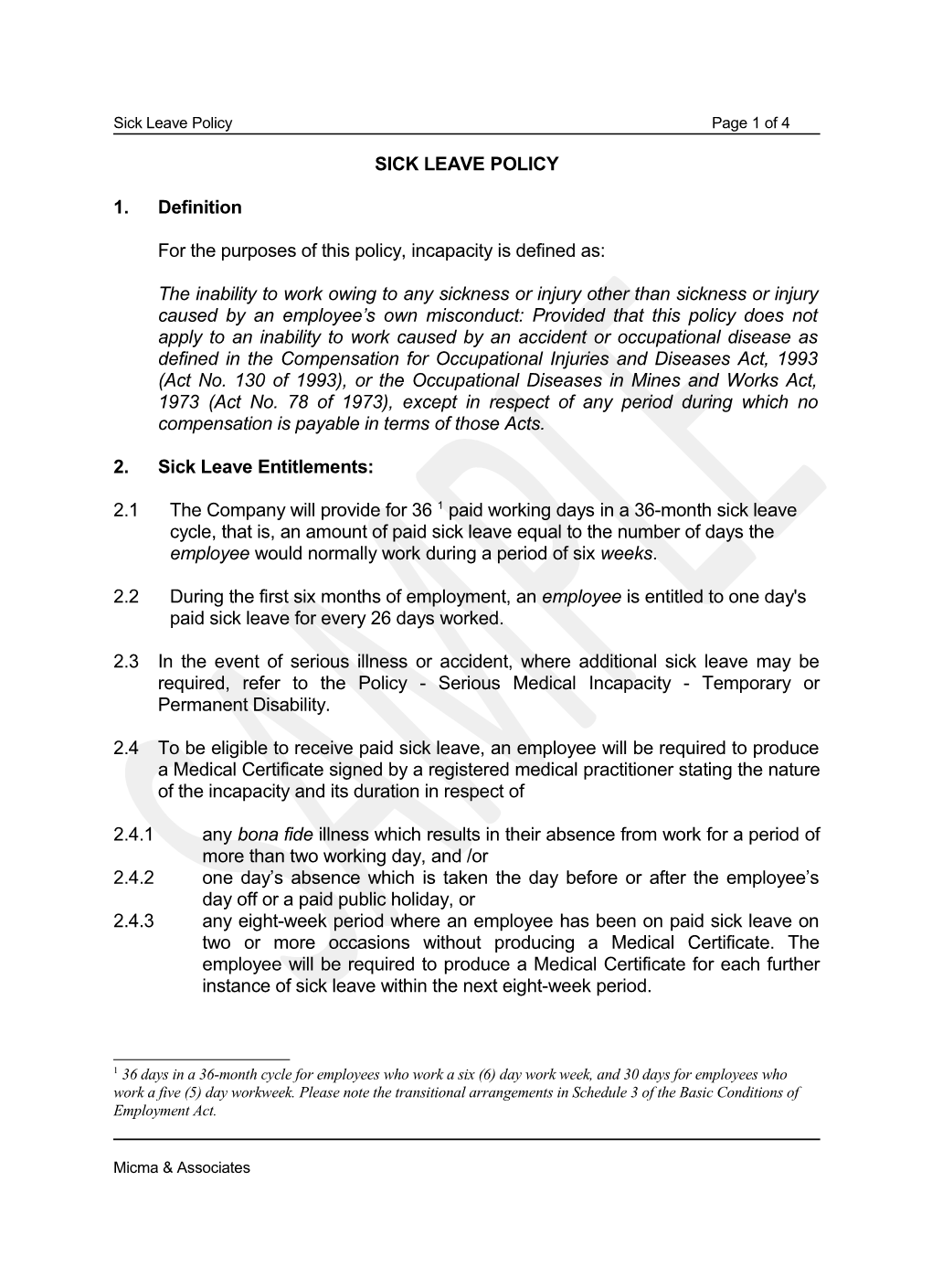 Sick Leave Policy Page 1 of 4