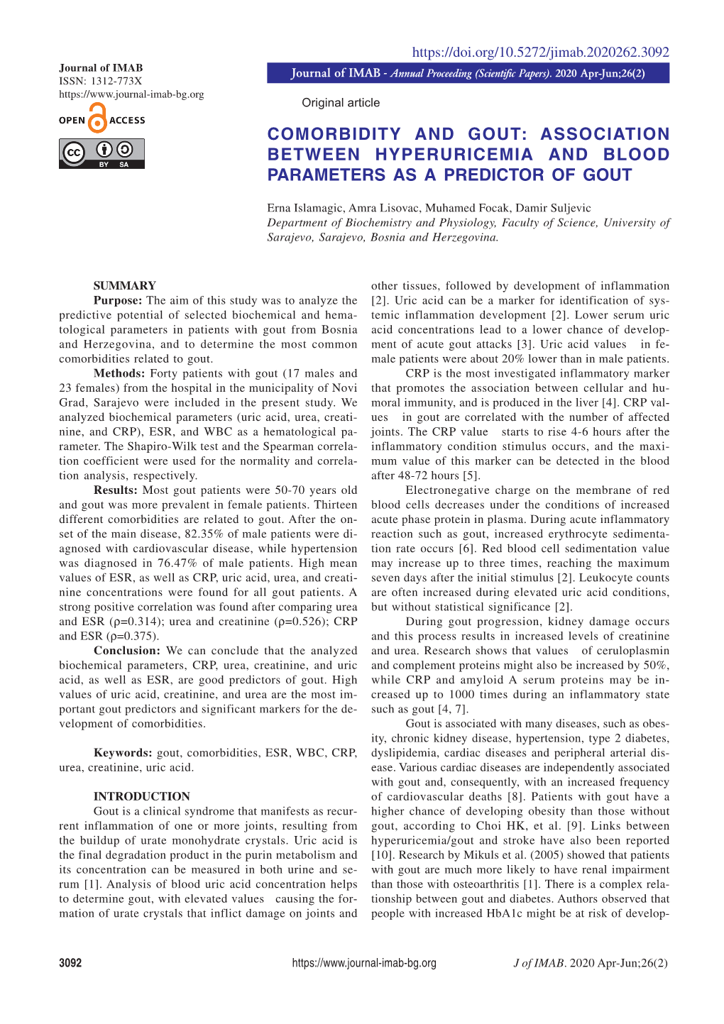 Comorbidity and Gout: Association Between Hyperuricemia and Blood Parameters As a Predictor of Gout