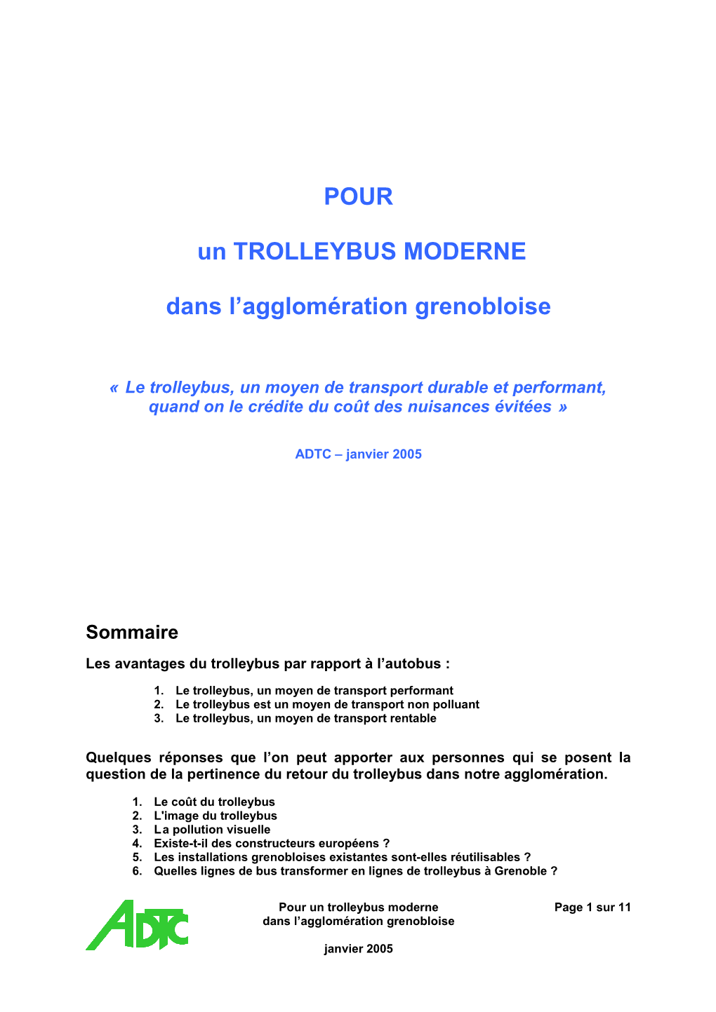 POUR Un TROLLEYBUS MODERNE Dans L'agglomération Grenobloise