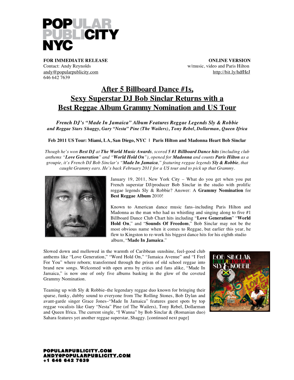 After 5 Billboard Dance #1S, Sexy Superstar DJ Bob Sinclar Returns with a Best Reggae Album Grammy Nomination and US Tour