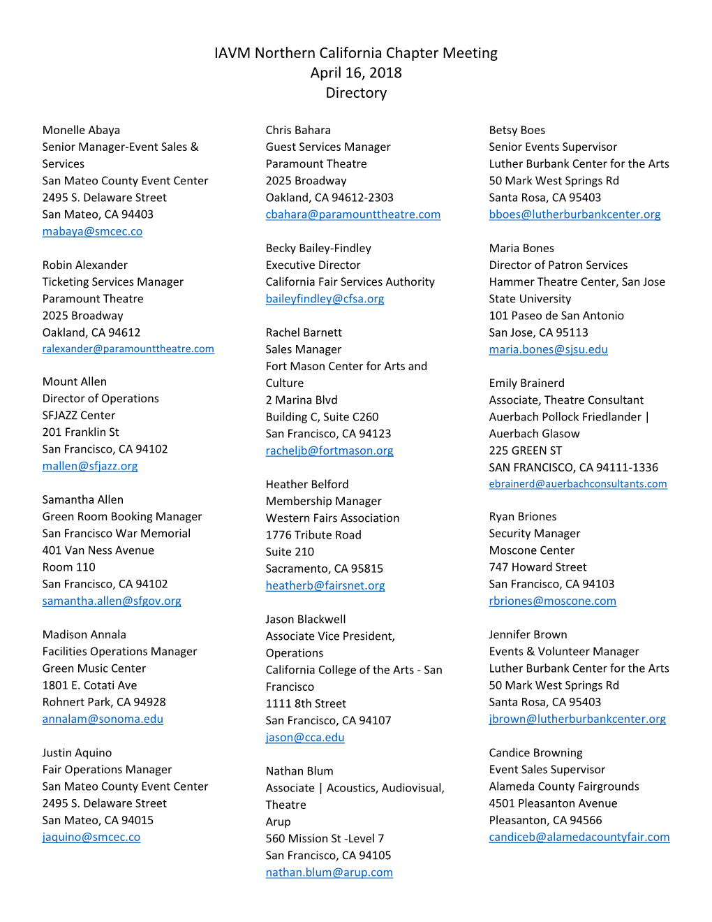 IAVM Northern California Chapter Meeting April 16, 2018 Directory