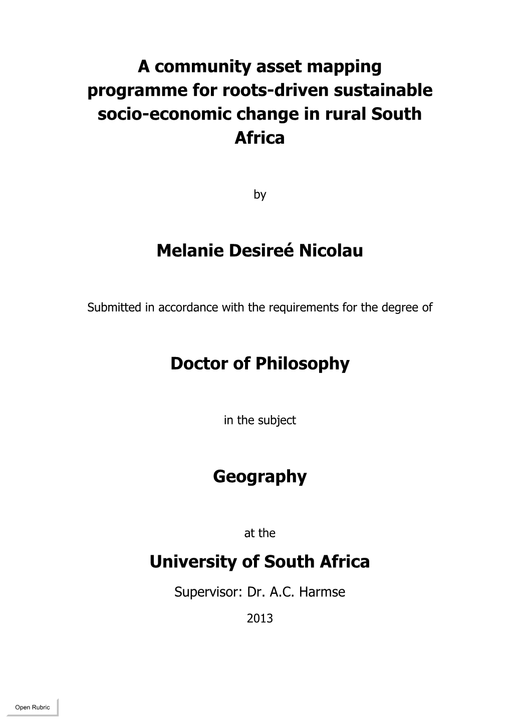 A Community Asset Mapping Programme for Roots-Driven Sustainable Socio-Economic Change in Rural South Africa