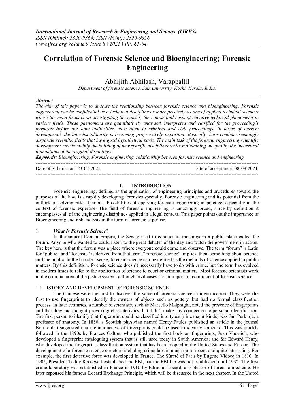 Correlation of Forensic Science and Bioengineering; Forensic Engineering