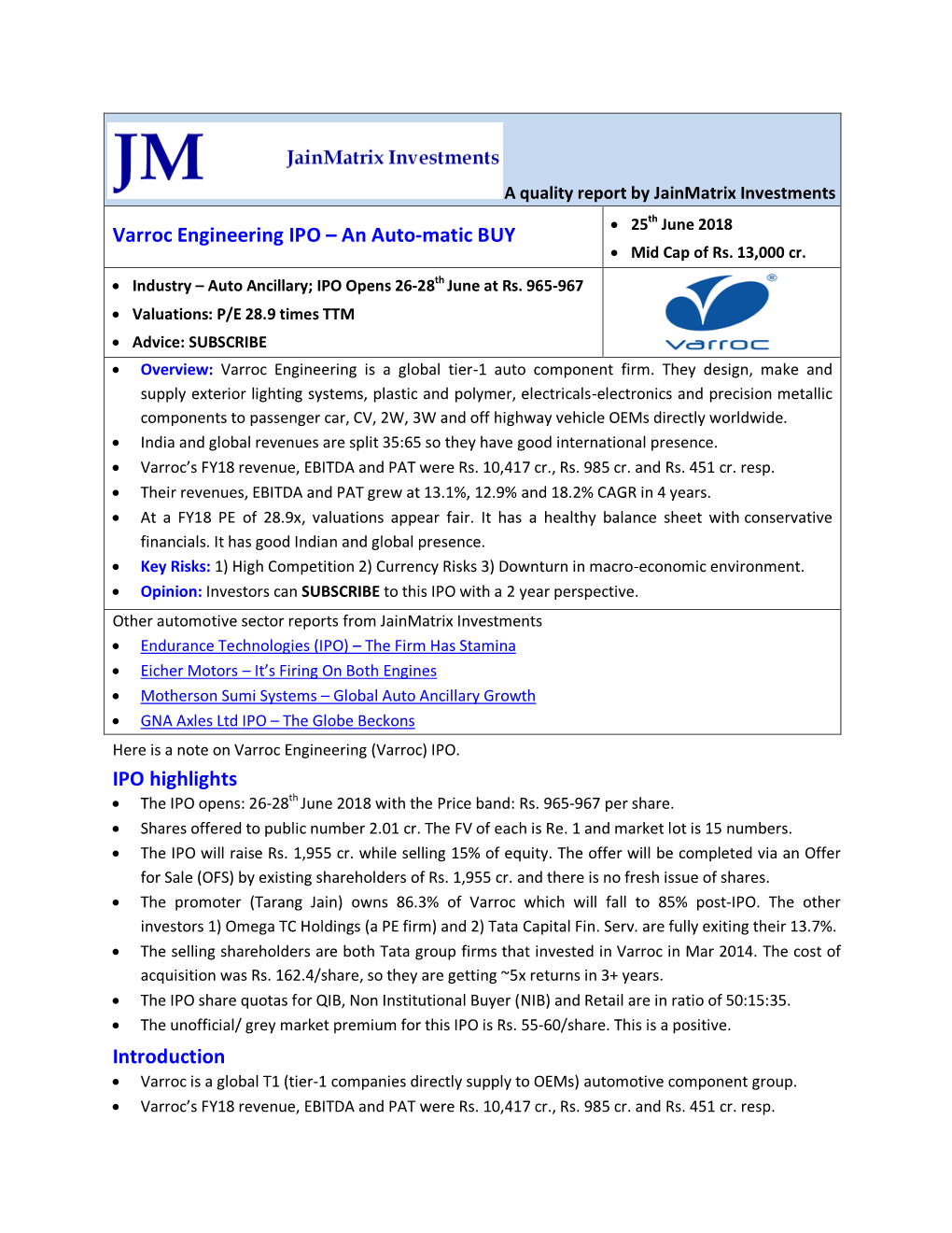 Varroc Engineering IPO – an Auto-Matic BUY 25 June 2018  Mid Cap of Rs