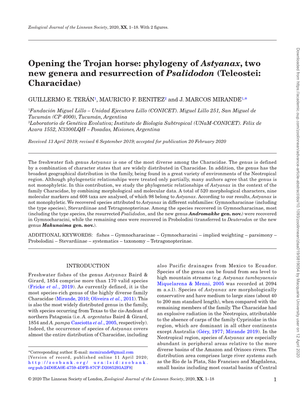 Opening the Trojan Horse: Phylogeny of Astyanax, Two New Genera and Resurrection of Psalidodon (Teleostei: Characidae)