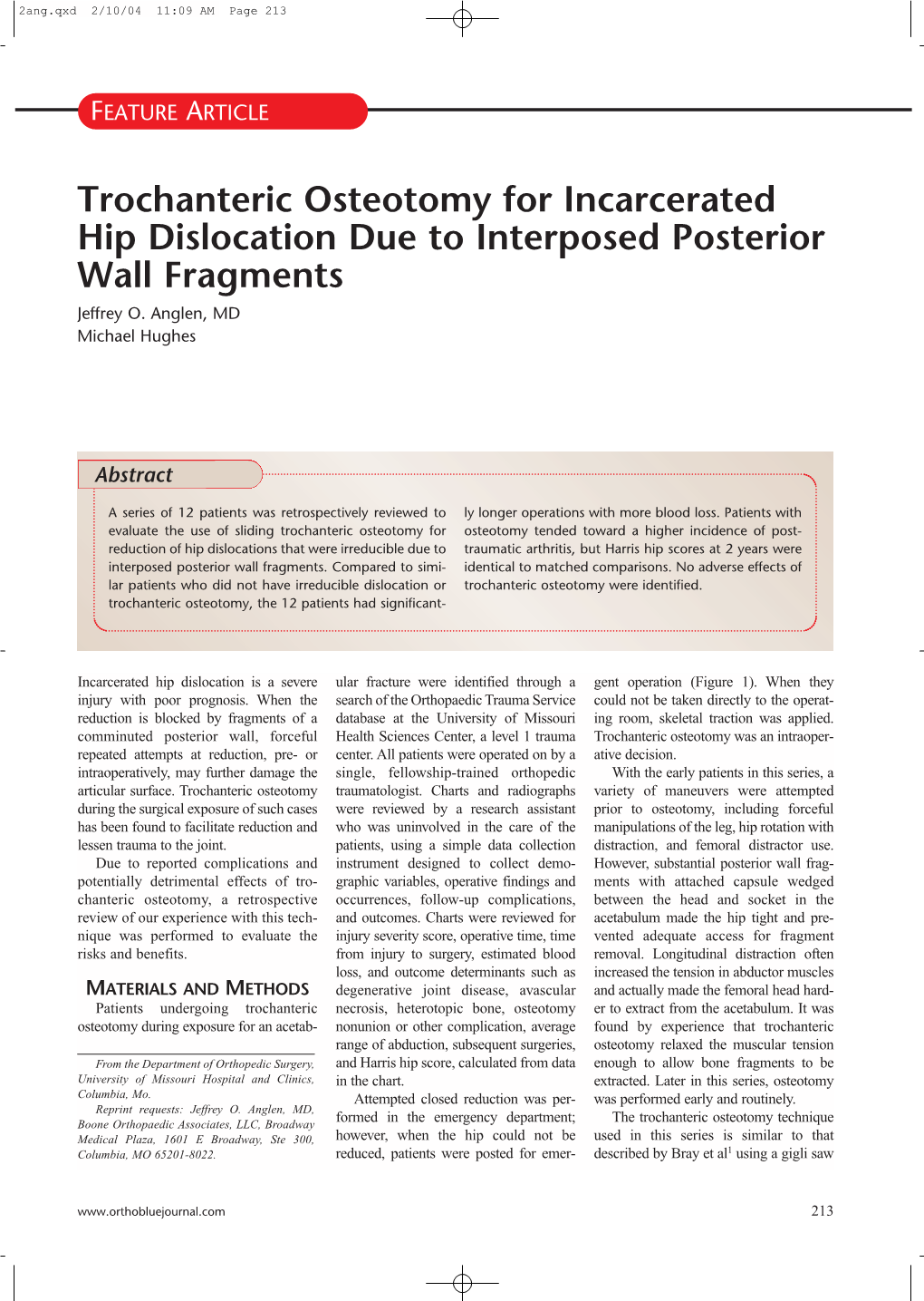 Trochanteric Osteotomy for Incarcerated Hip Dislocation Due to Interposed Posterior Wall Fragments Jeffrey O