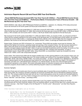Activision Reports Record Q4 and Fiscal 2005 Year End Results