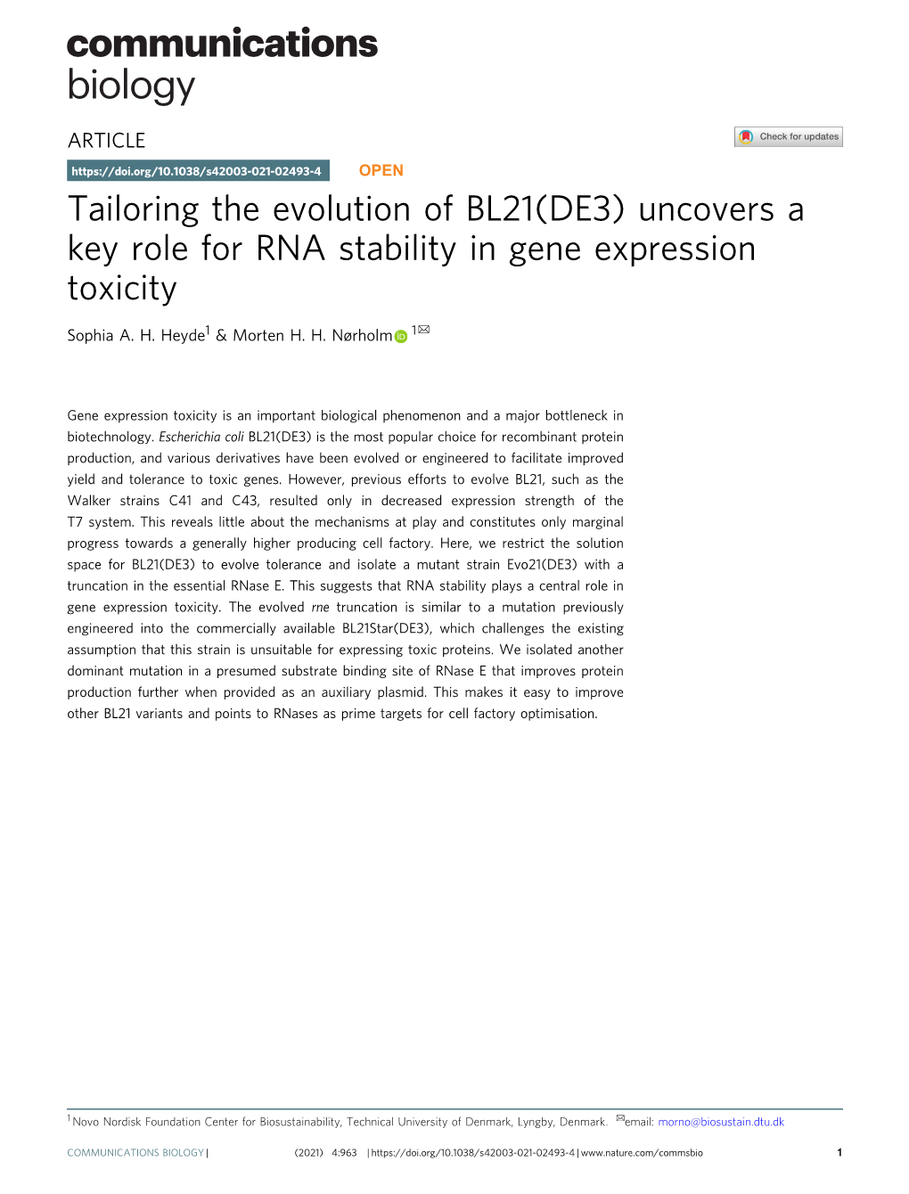 Tailoring the Evolution of BL21(DE3) Uncovers a Key Role for RNA Stability in Gene Expression Toxicity ✉ Sophia A