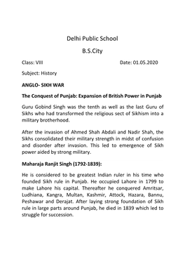 Delhi Public School B.S.City Class: VIII Date: 01.05.2020 Subject: History