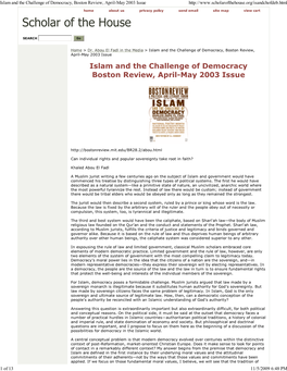 Islam and the Challenge of Democracy, Boston Review, April-May 2003 Issue