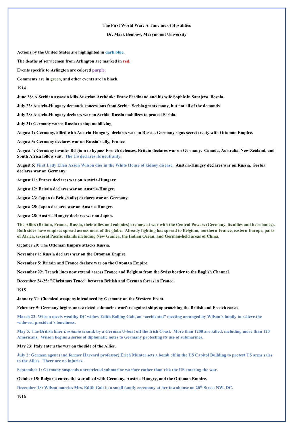 Arlington-Centric WWI Timeline