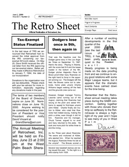 The Retro Sheet 6WUDQJH 3OD\V 1HVW ,VVXH 2IILFLDO 3XEOLFDWLRQ RI 5HWURVKHHW ,QF