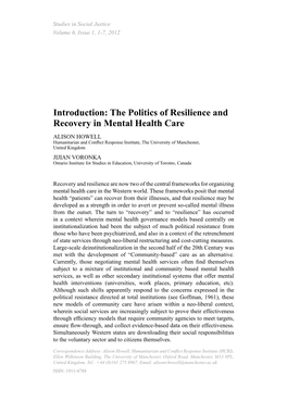 Introduction: the Politics of Resilience and Recovery in Mental Health Care