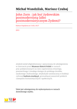 John Zorn : Jak Być Żydowskim Postmodernistą (Albo Postmodernistycznym Żydem)?