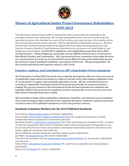 History of Agricultural Justice Project Governance Stakeholders 1999-2019