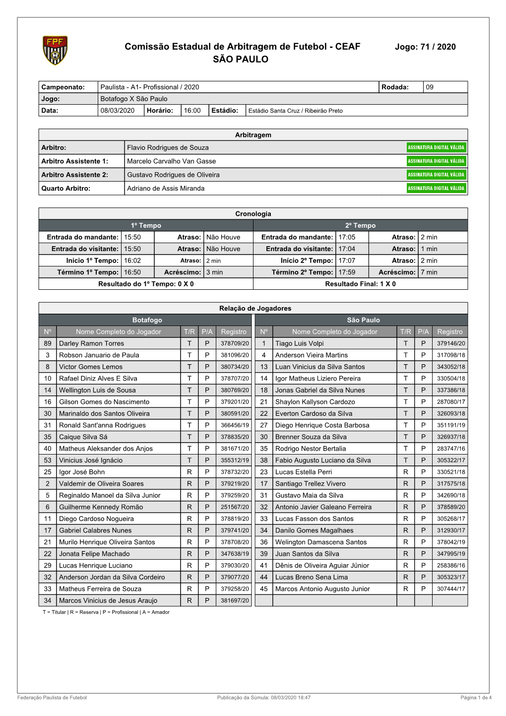 Comissão Estadual De Arbitragem De Futebol - CEAF Jogo: 71 / 2020 SÃO PAULO