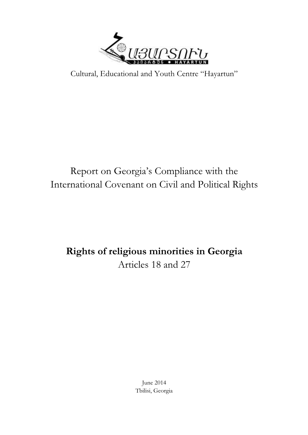 Report on Georgia's Compliance with the International Covenant on Civil and Political Rights Rights of Religious Minorities I