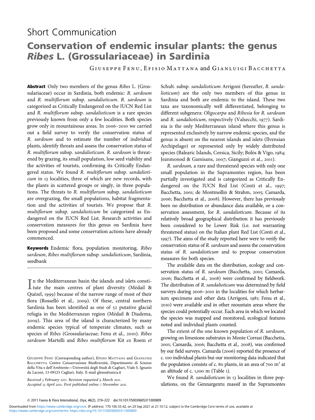 Short Communication Conservation of Endemic Insular Plants: the Genus Ribes L