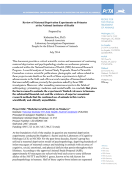 Review of Maternal Deprivation Experiments on Primates at the National Institutes of Health Prepared by Katherine Roe, Ph.D
