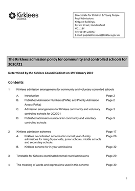Admission Arrangements for Kirklees Community and Voluntary Controlled Schools in 2020-21