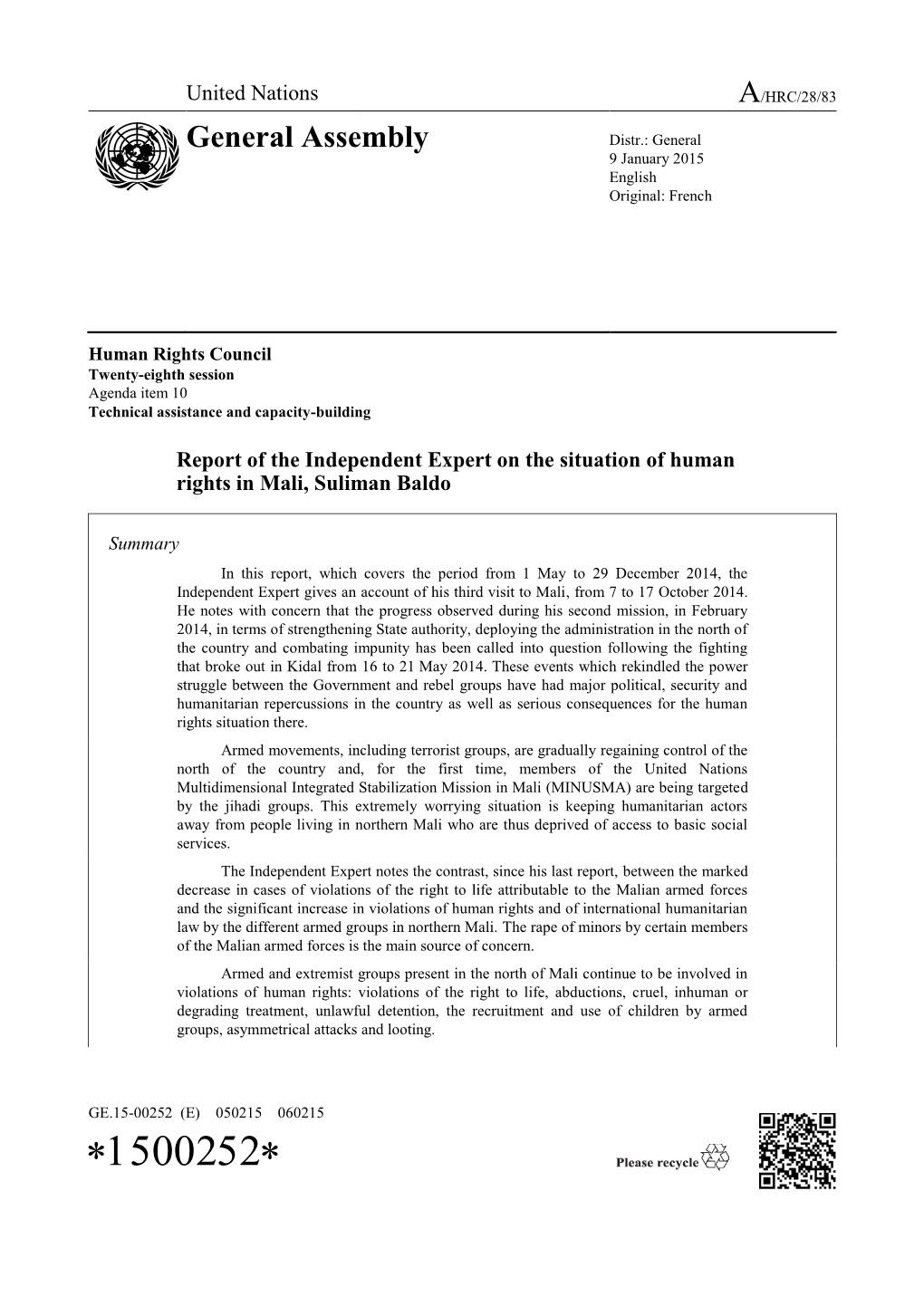 Report of the Independent Expert on the Situation of Human Rights in Mali, Suliman Baldo