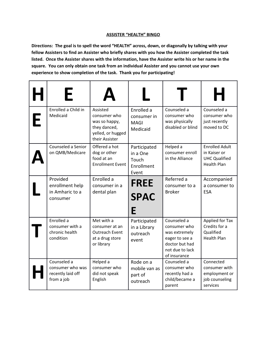 Assister Health Bingo